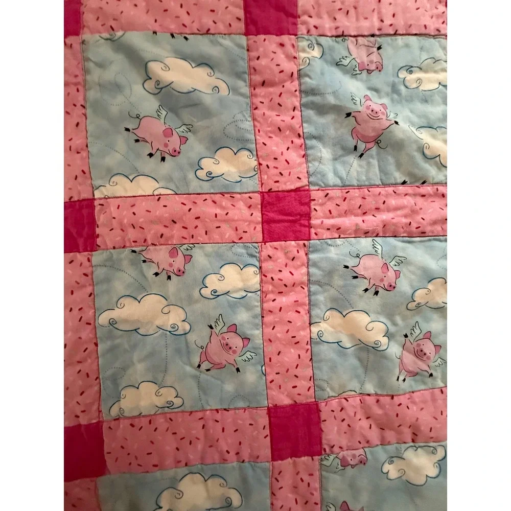 Handmade Baby Blanket Bundle Flying Pigs Quilt Crochet Chevron Pink Blue 3pc Set